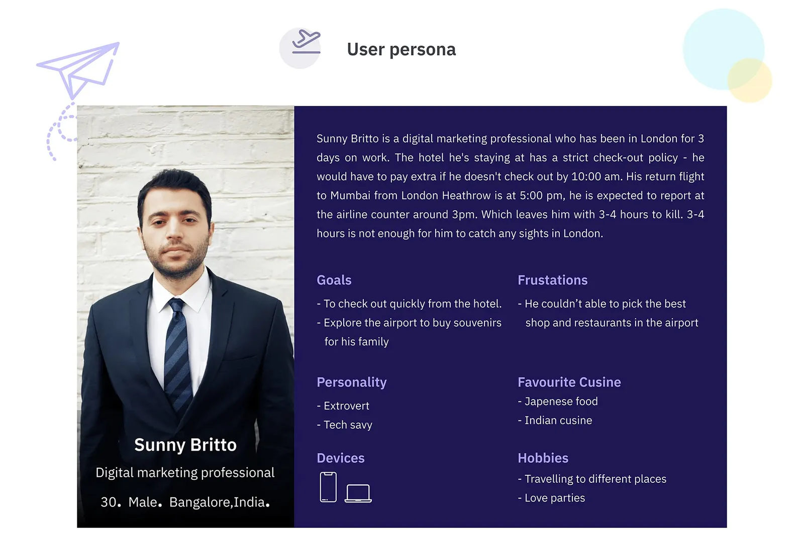 Persona: Sunny Britto, with his goals, frustrations, personality and favorite food.