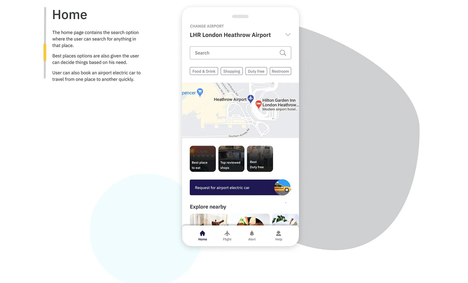 Home screen: airport search, quick filters, map, best places and the electric car request.