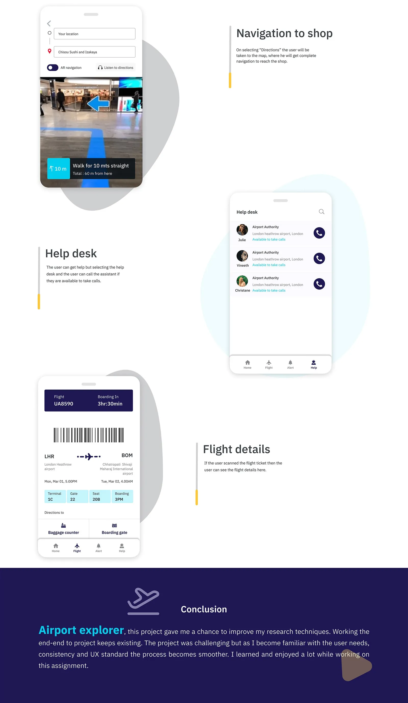 AR navigation to a restaurant, the help desk and flight details.