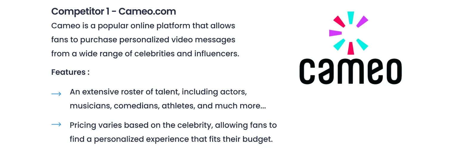 Competitor analysis: Cameo's offer and key features.