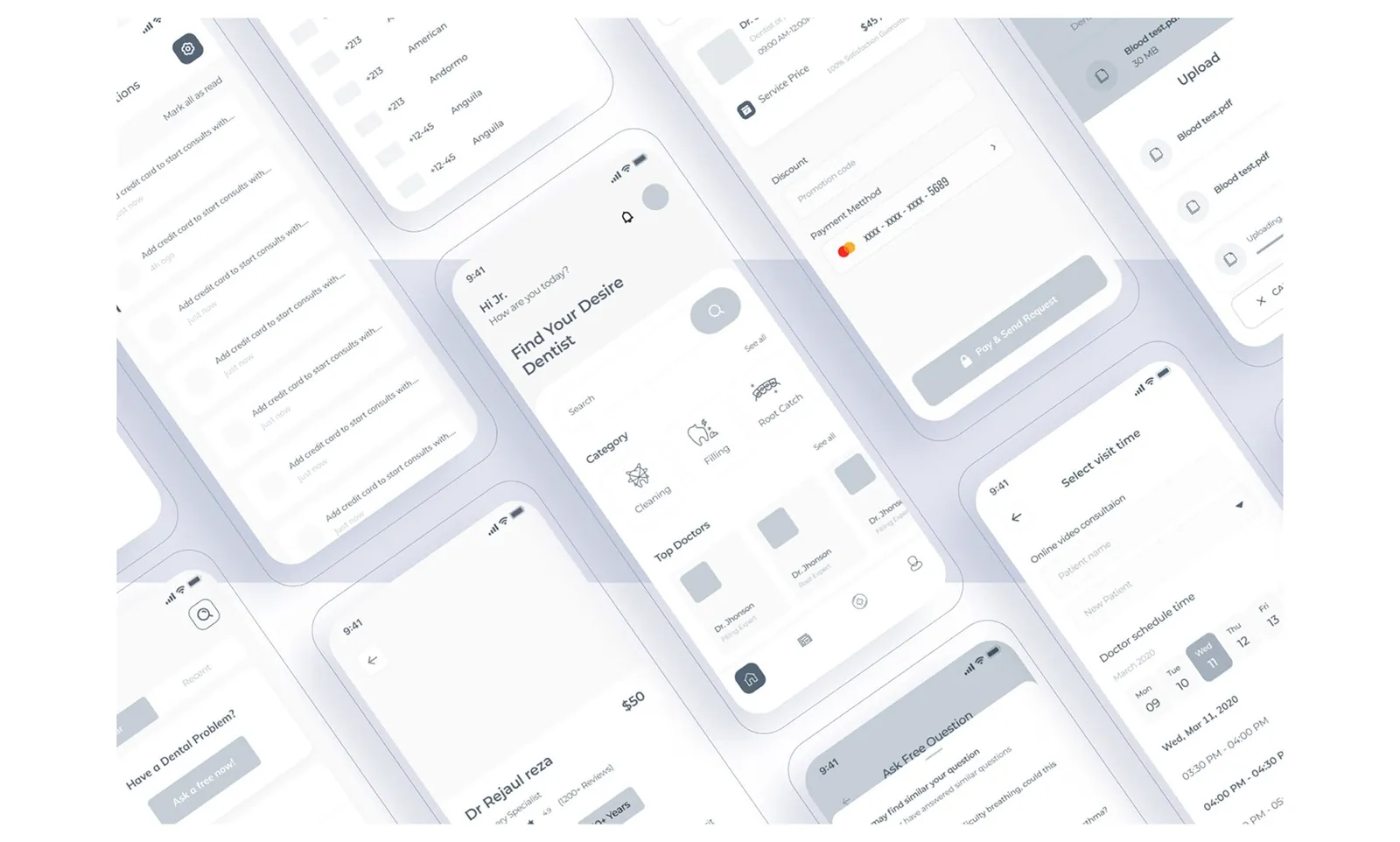 Wireframes for the patient screens: home, visit time, payment and file upload.