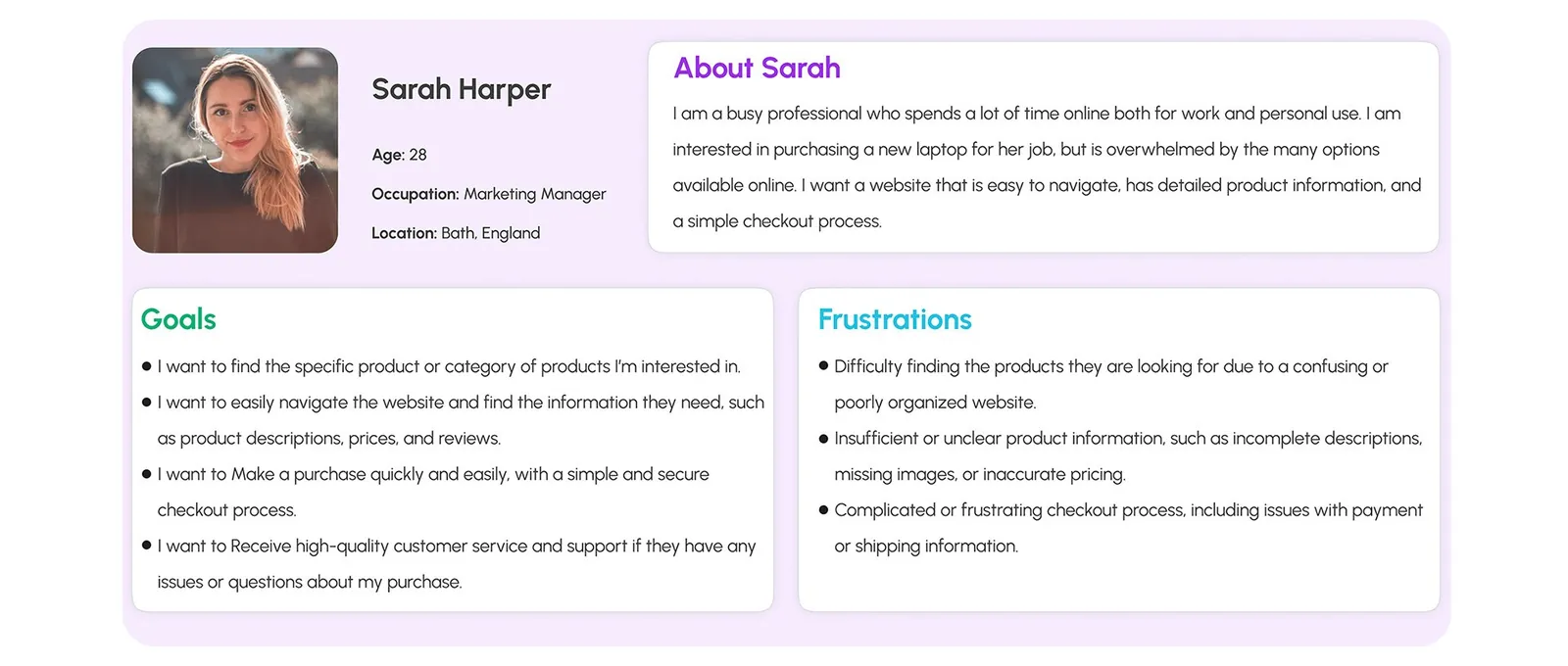 Persona: Sarah Harper, 28, marketing manager in Bath.