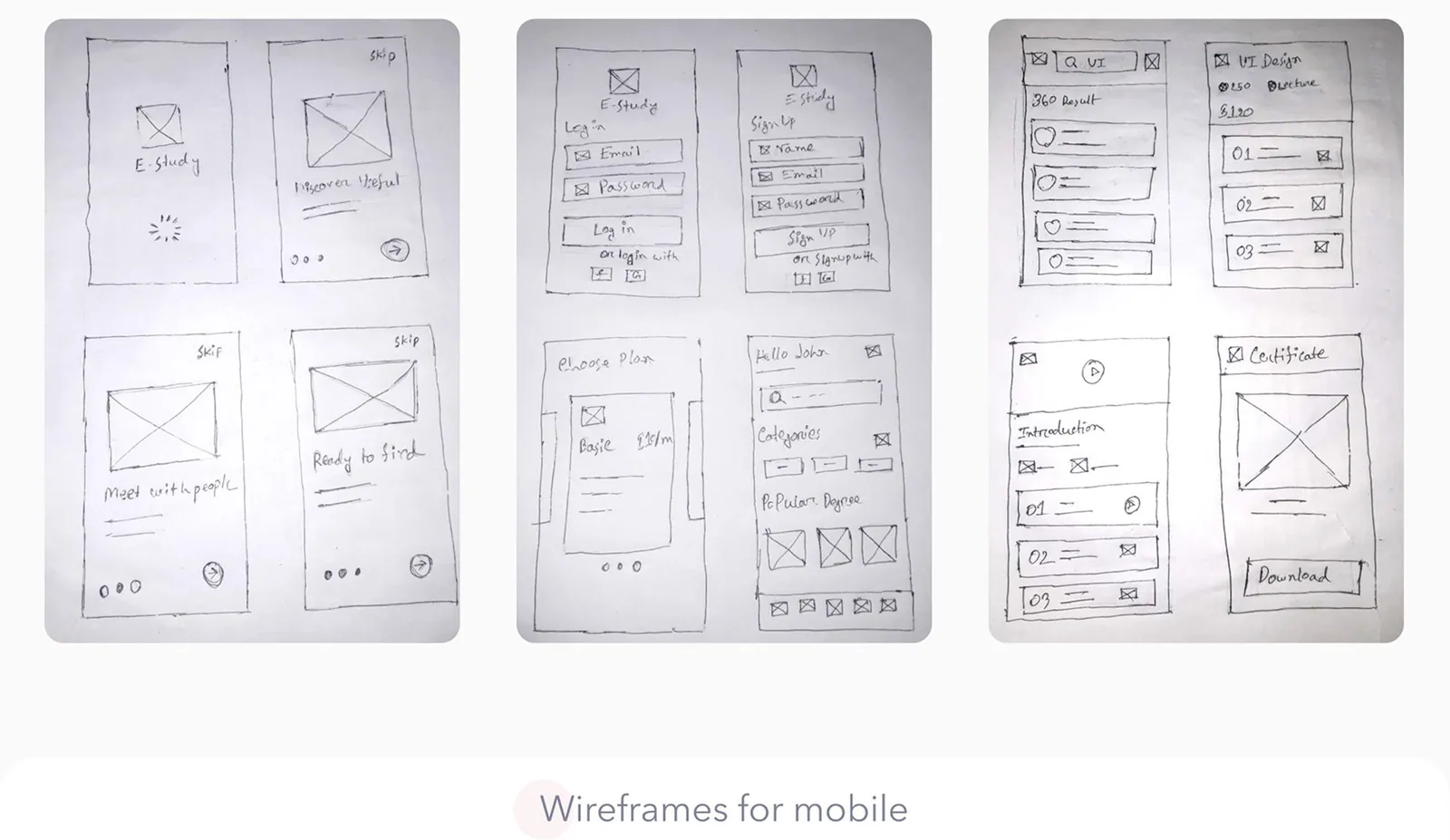 Paper sketches of the mobile app, from splash and onboarding to the downloadable certificate.