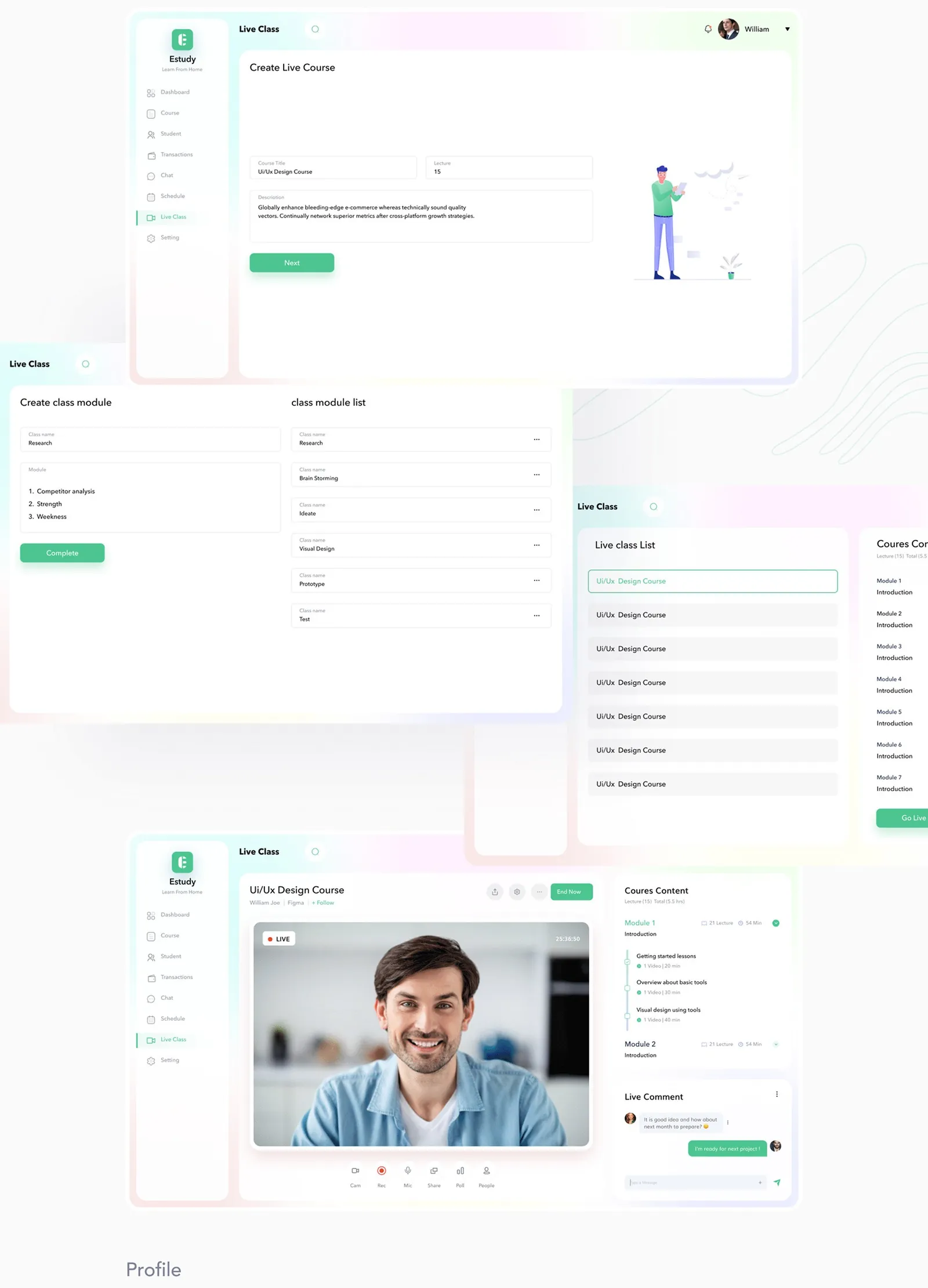 Teacher Live Class screens: create a live course, build class modules, pick from the class list and stream with live comments.