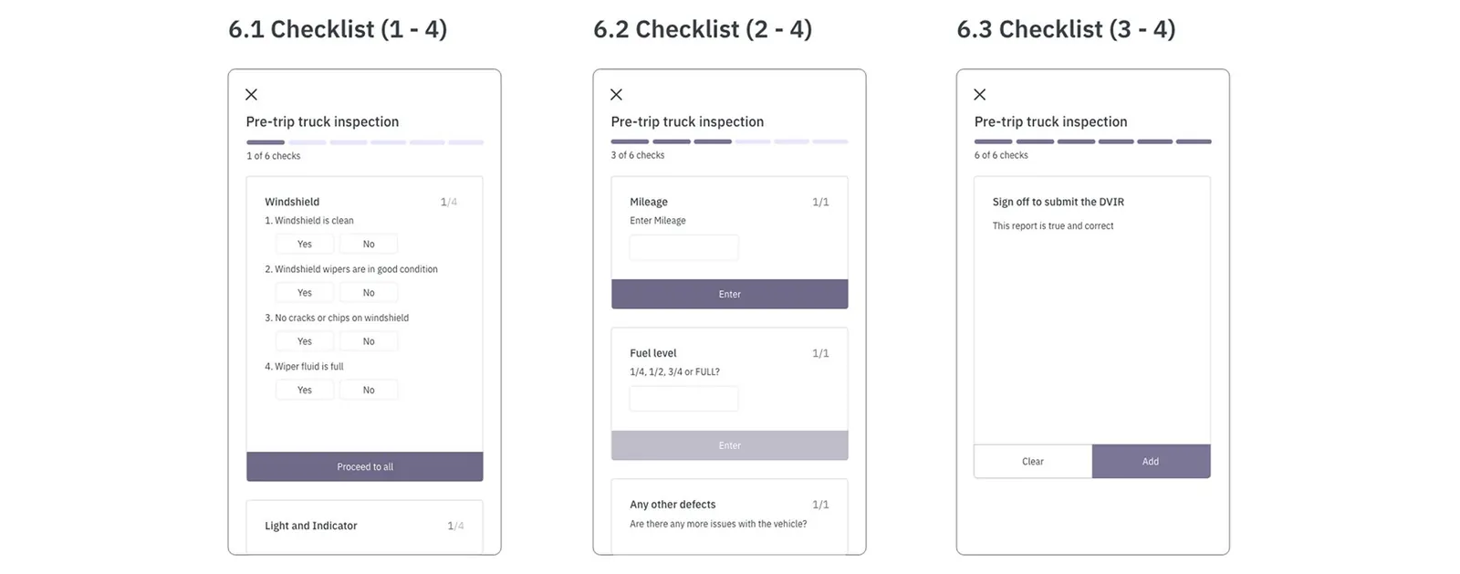 Low-fidelity pre-trip inspection: windshield checklist, mileage and fuel, and the sign-off.