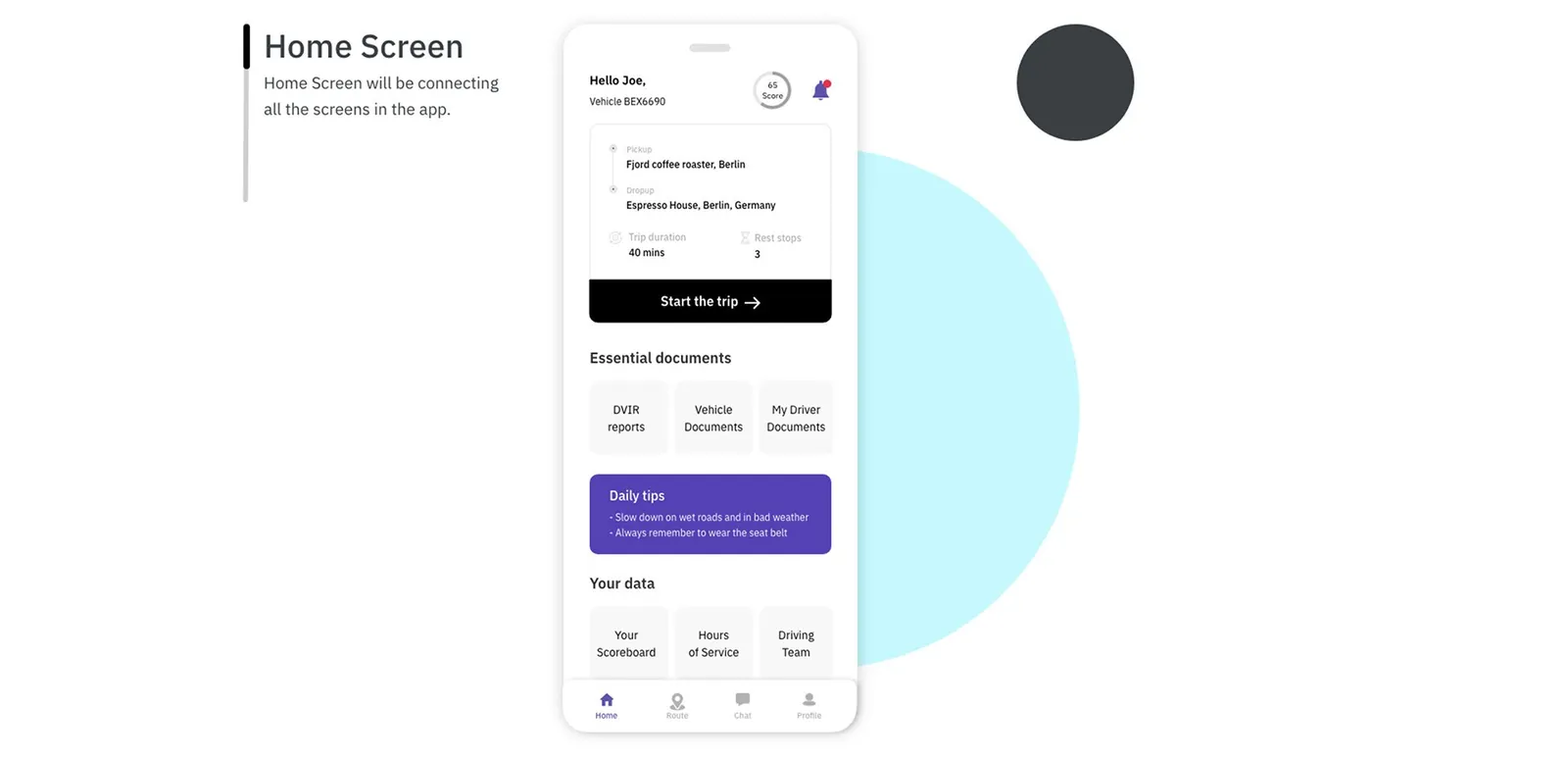 High-fidelity home screen with the trip card, score, documents and daily tips.