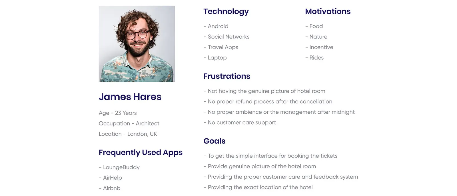 Persona: James Hares, with his technology, motivations, frustrations, goals and frequently used apps.