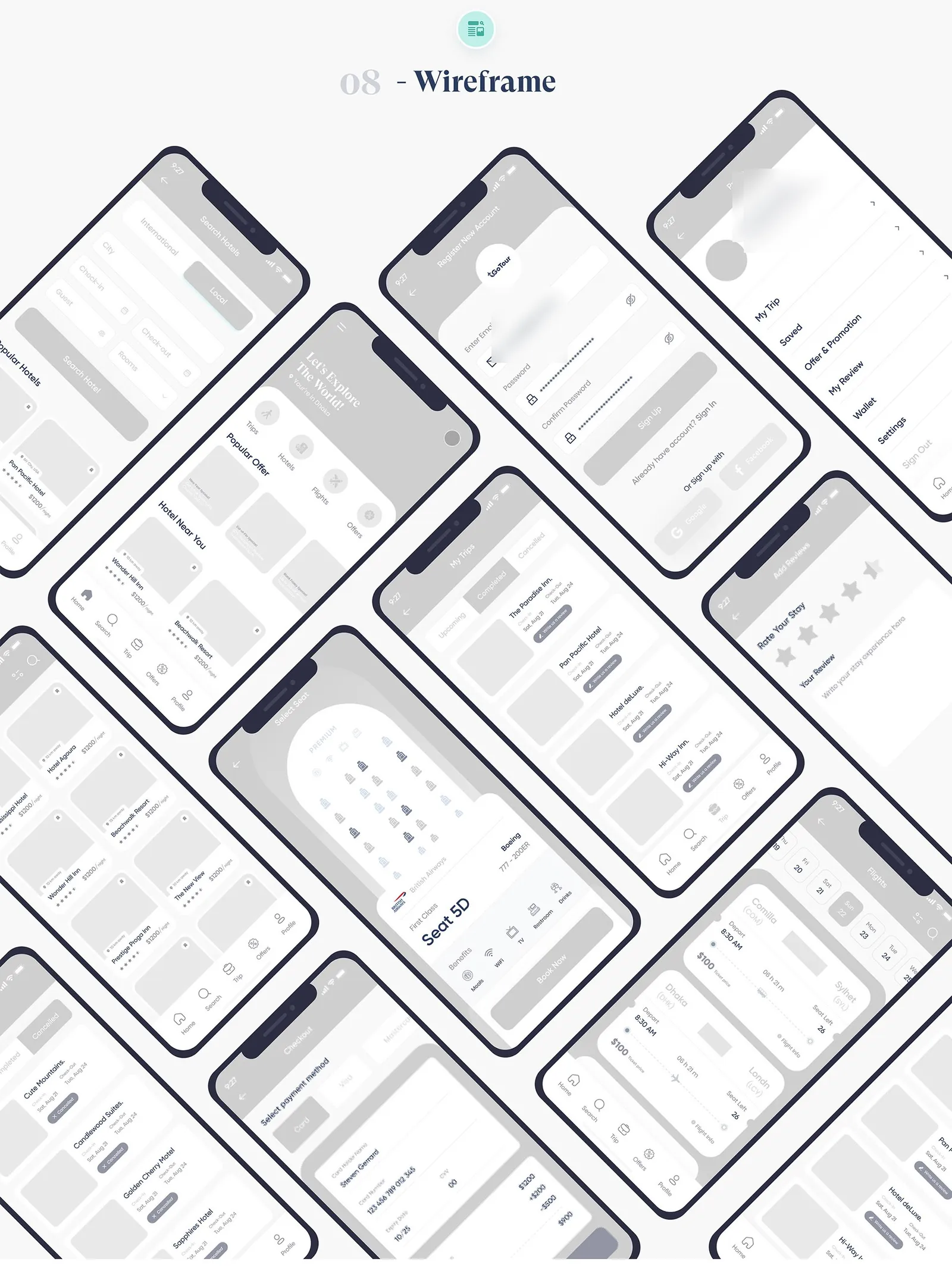 Grayscale wireframes of the main screens.