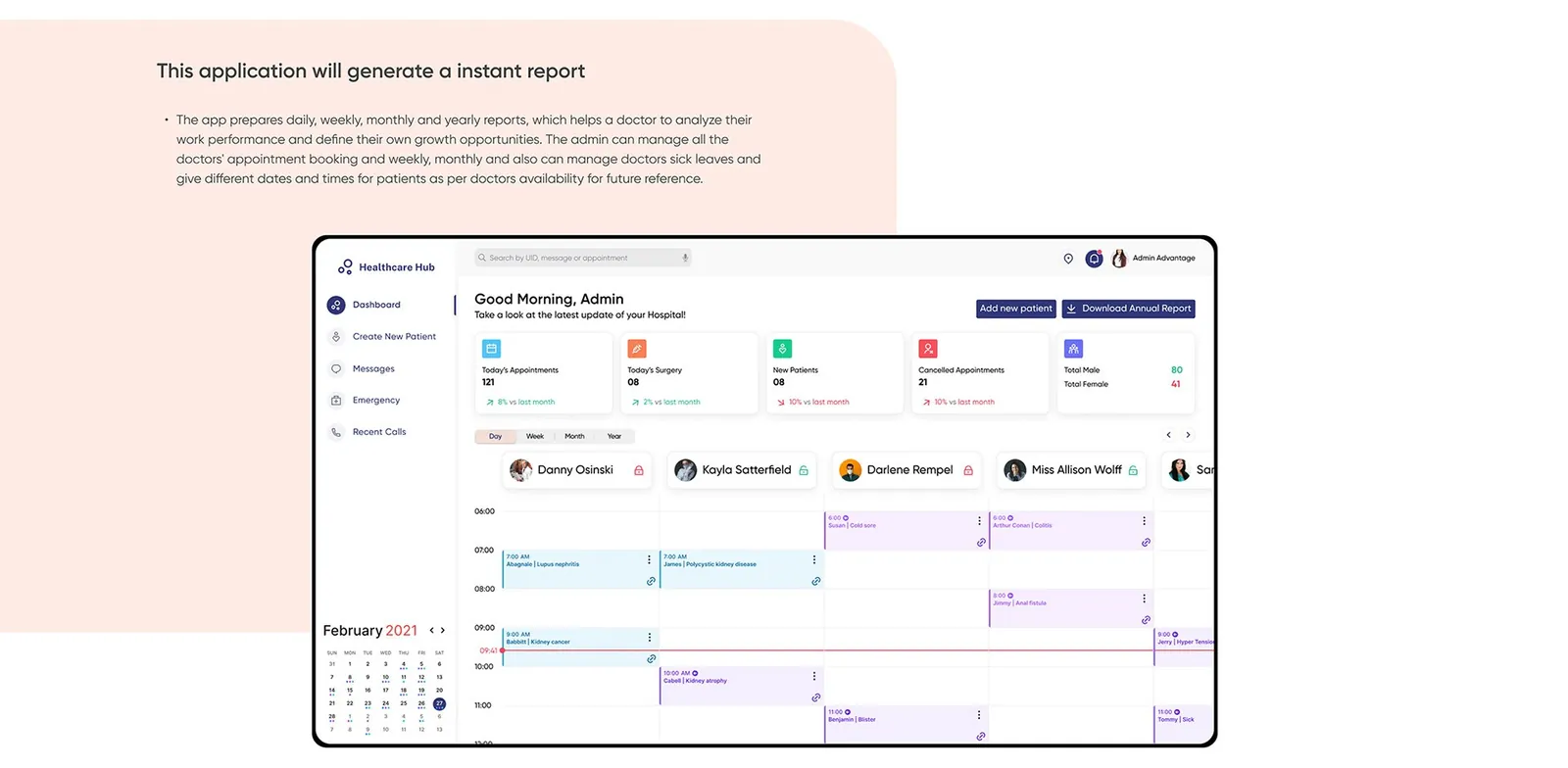 Administrator dashboard with daily counts and a schedule across doctors.