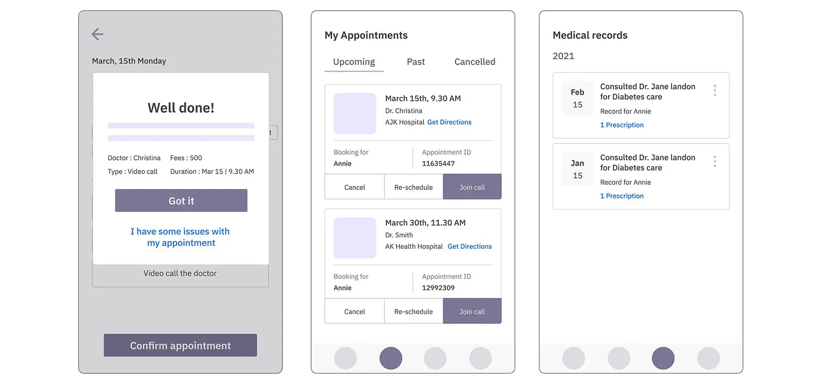 Low-fidelity screens: booking confirmation, My Appointments and Medical records.