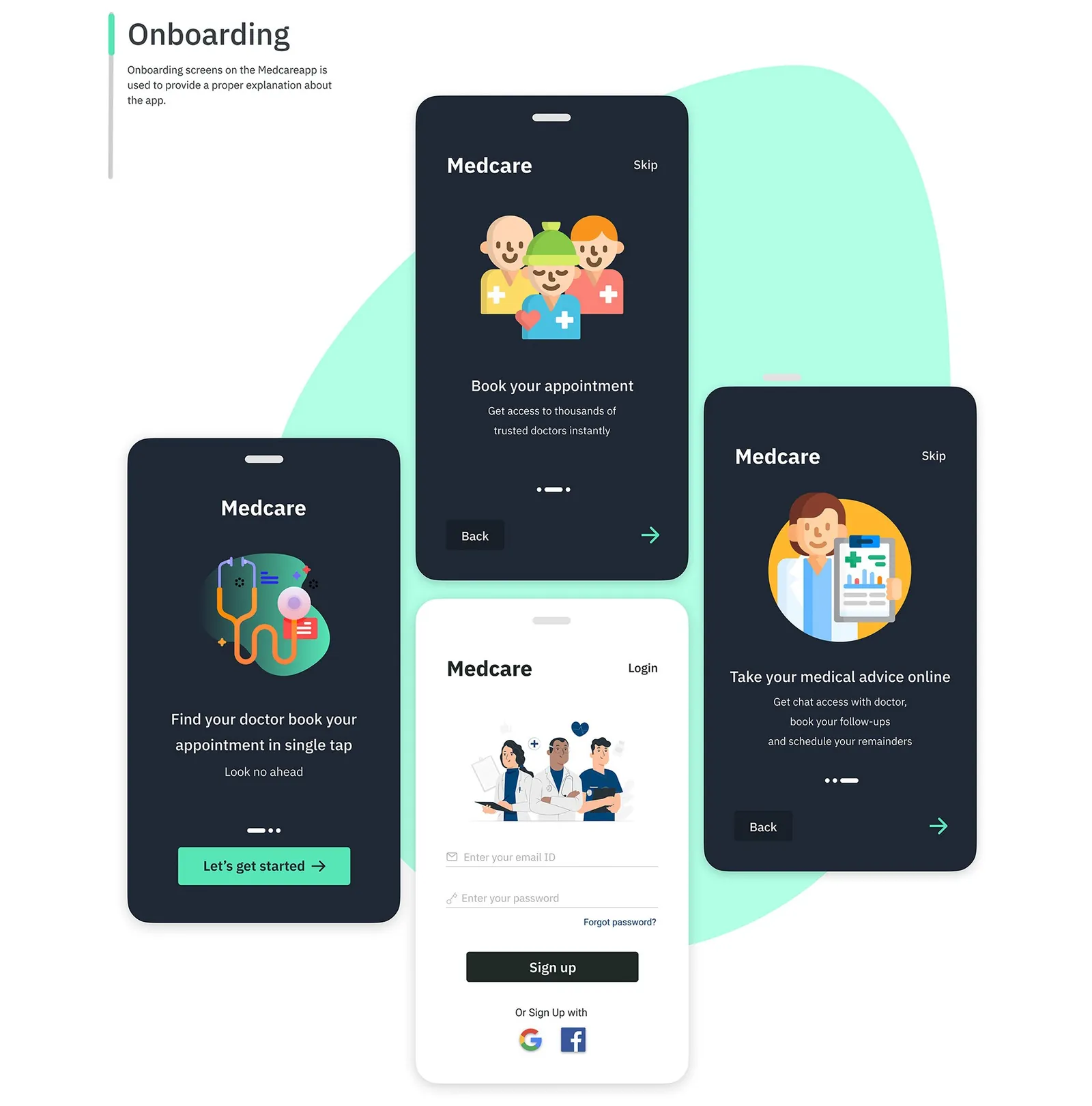 High-fidelity onboarding screens and the login screen.
