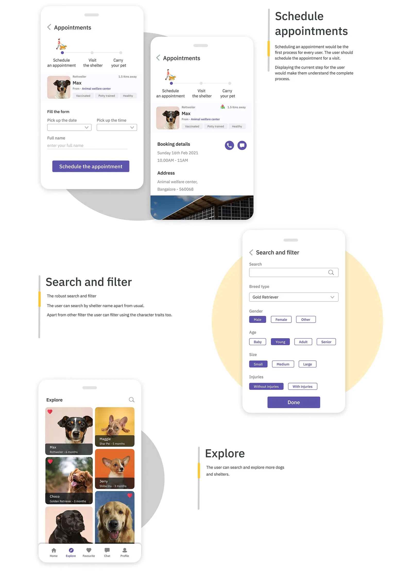 Appointment booking with a 3-step tracker, search and filter, and explore