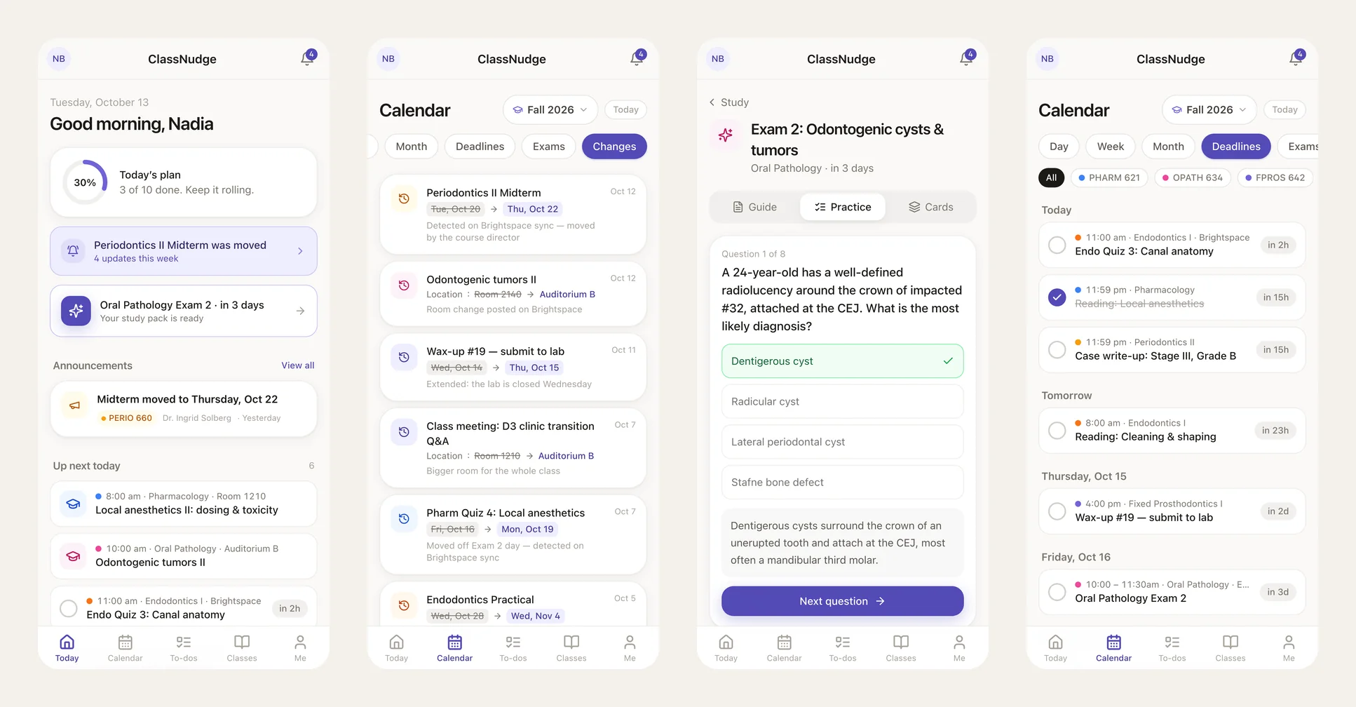 ClassNudge on a phone: today's plan with a moved-exam nudge, the changes feed with old and new dates, exam practice questions, and upcoming deadlines