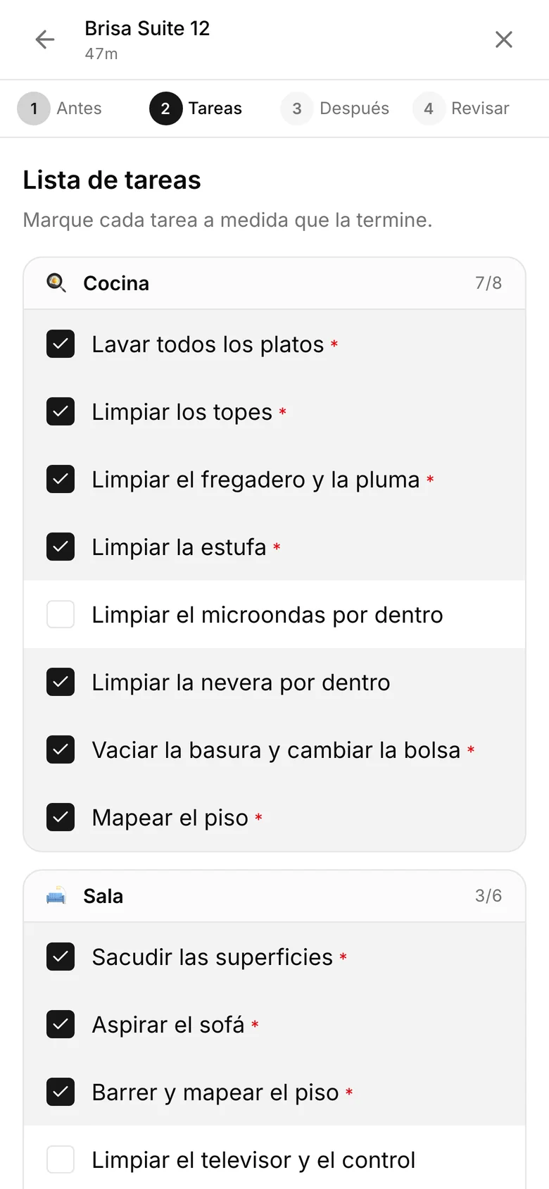 Every crew screen works in English and Spanish: the same checklist, room by room. Real app, demo data.