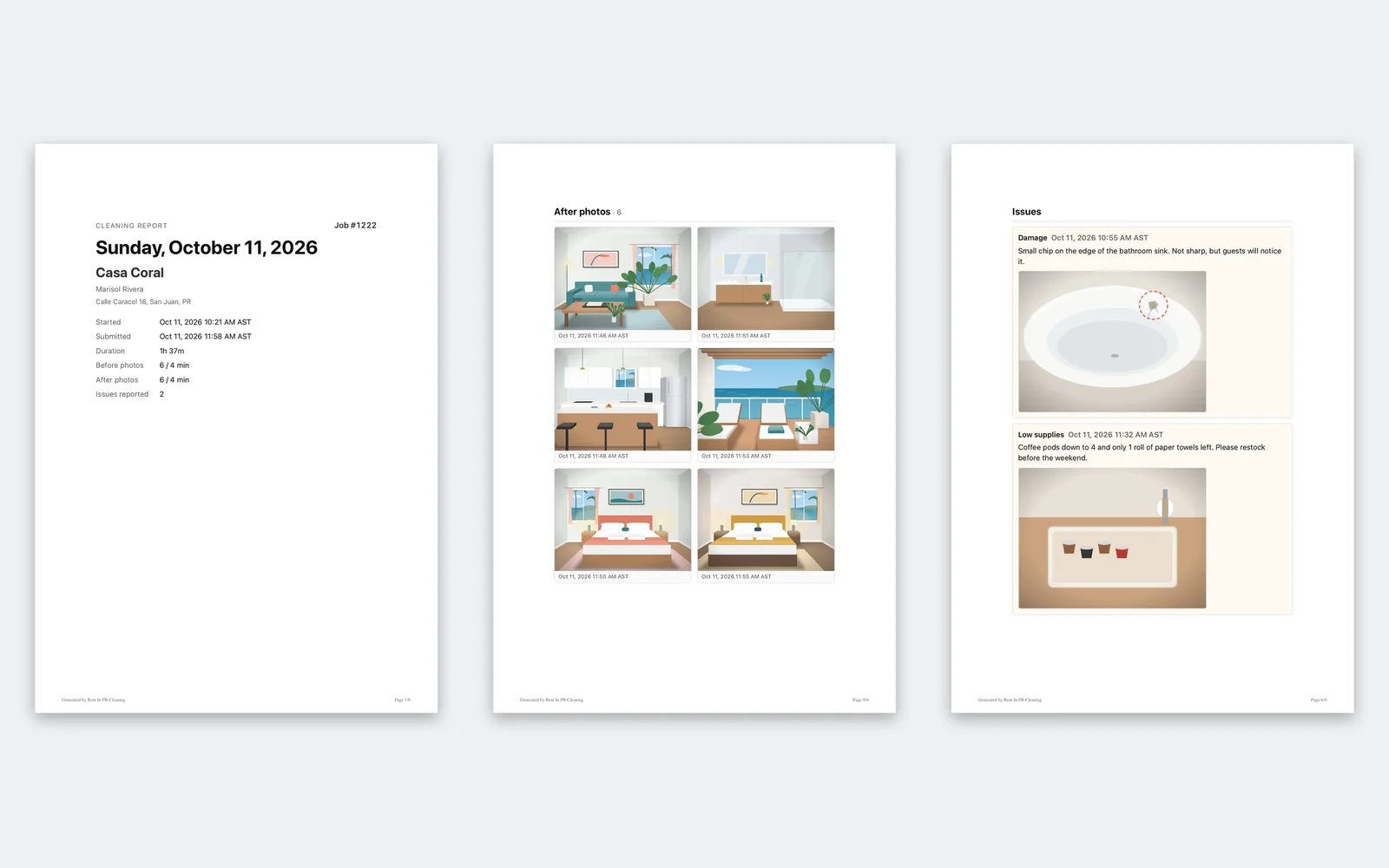 Before photos, the checklist, after photos and any issues become one timestamped PDF, ready for an owner or an Airbnb dispute. Real app, demo data.