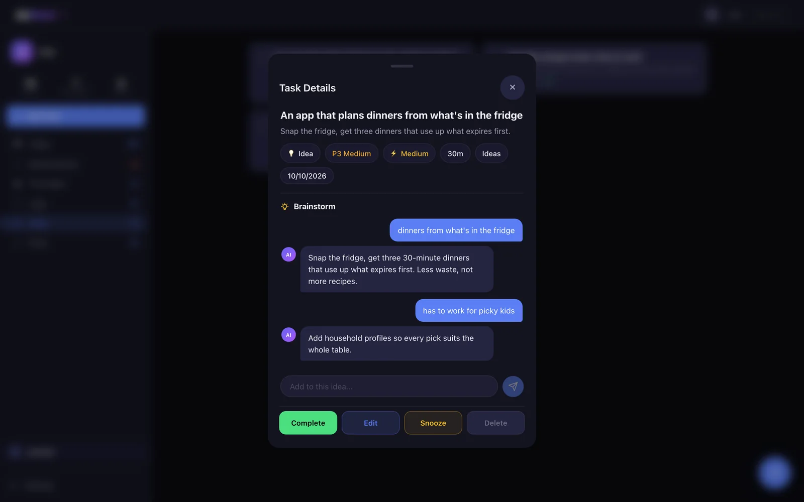 Ideas get their own AI brainstorm thread, so a stray thought can grow into a plan. Real app, demo data.