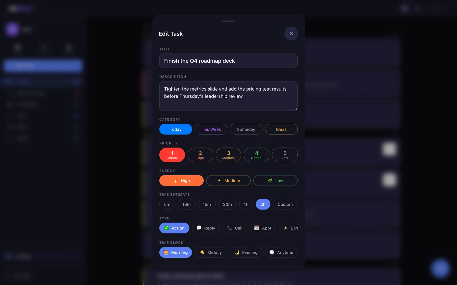 Every AI call stays editable: priority, energy, time estimate, type and time block are one tap each. Real app, demo data.