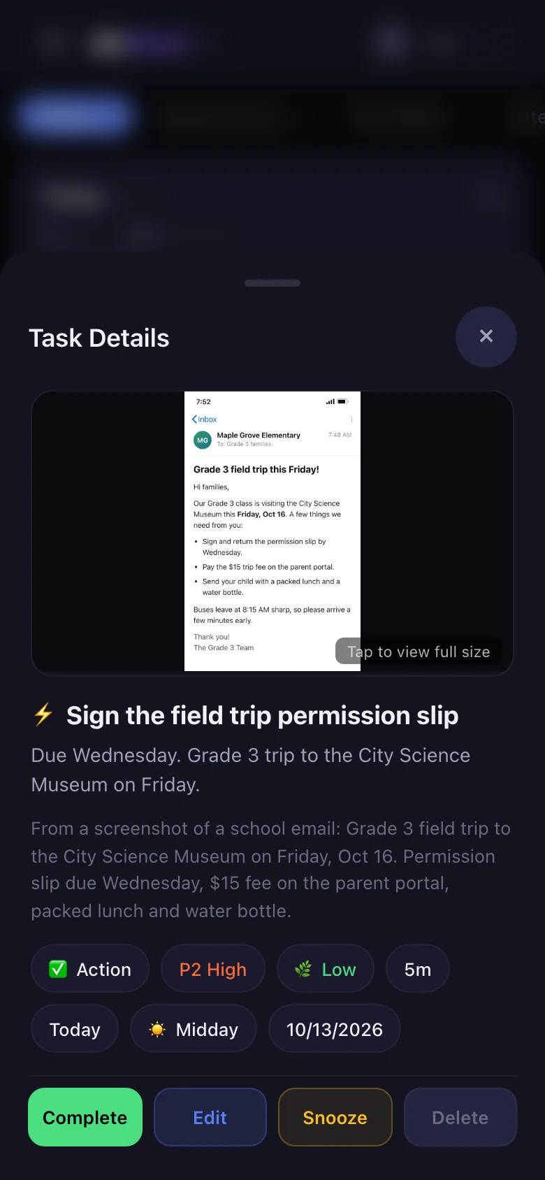 A screenshot of a school email becomes a scheduled task: type, priority, energy, time estimate and time block filled in. Real app, demo data.