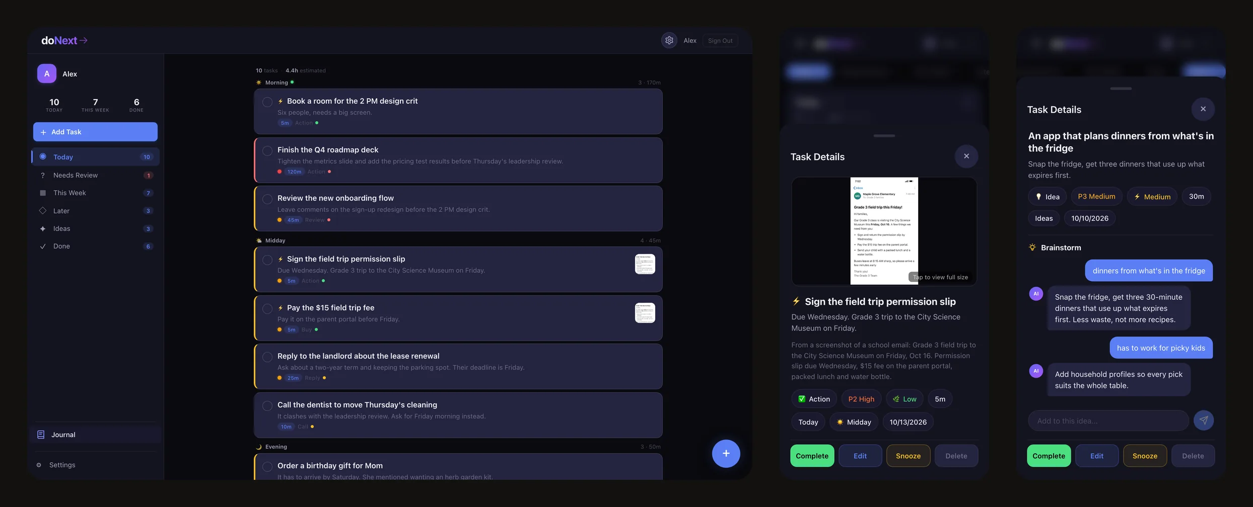 doNext: the day planned by energy on desktop, a screenshot turned into a task, and an AI brainstorm on a phone