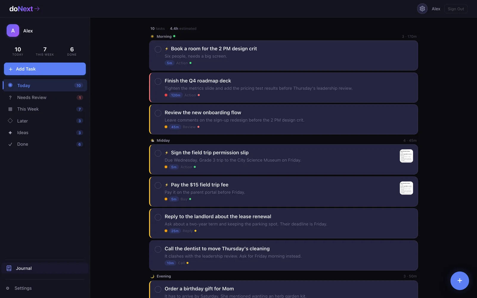 doNext, an AI task manager screenshot