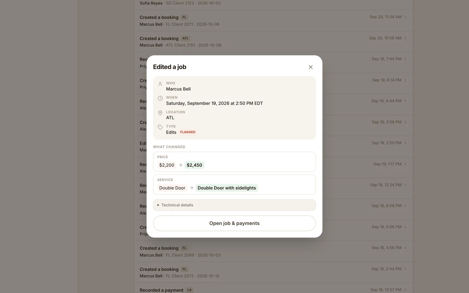 Every change lands in a tamper-evident, append-only log. Risky edits, like a price change, are flagged with who, when and before and after. Real app, demo data.