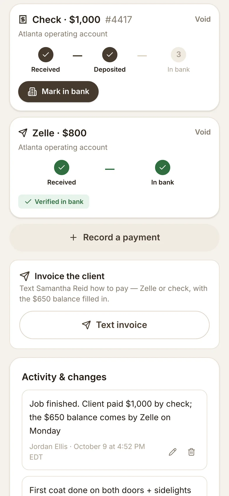 Each payment moves through its own steps, from received to deposited to in the bank, so nothing slips. Real app, demo data.