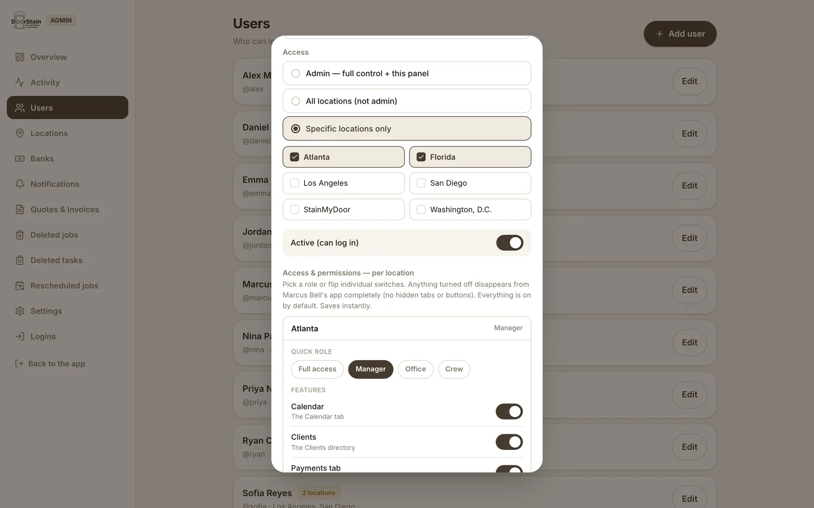 Access is per person and per market: pick the locations, a role, then flip any feature off and it disappears from that person's app. Real app, demo data.