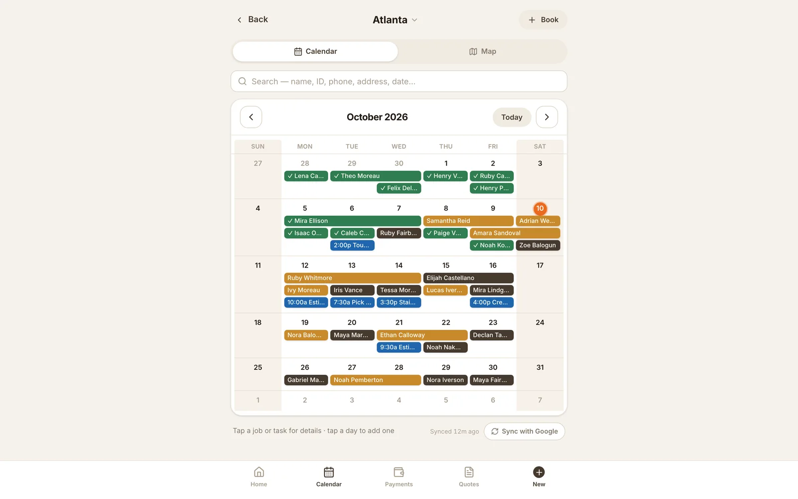 The schedule that replaced the spreadsheet: multi-day jobs, timed tasks and paid, part-paid and unpaid at a glance, synced with Google Calendar. Real app, demo data.