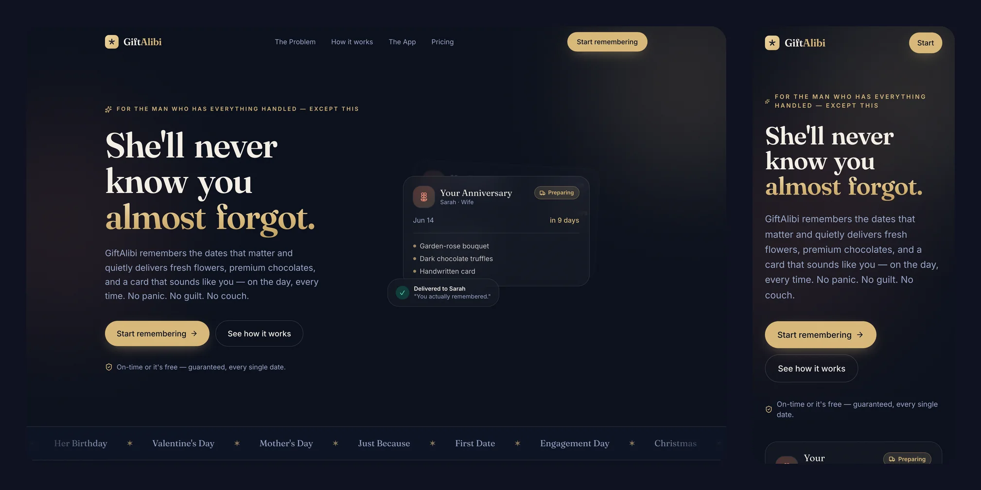 GiftAlibi landing page on desktop and on a phone: "She'll never know you almost forgot."