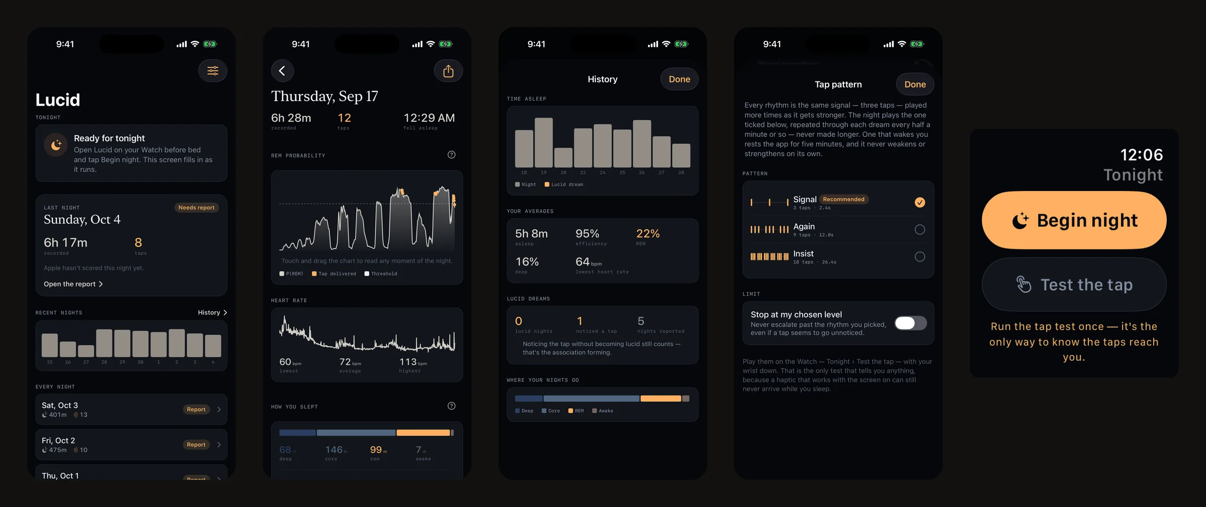 Lucid on iPhone and Apple Watch: setup, the tap-pattern settings, Begin night and the pre-sleep training session
