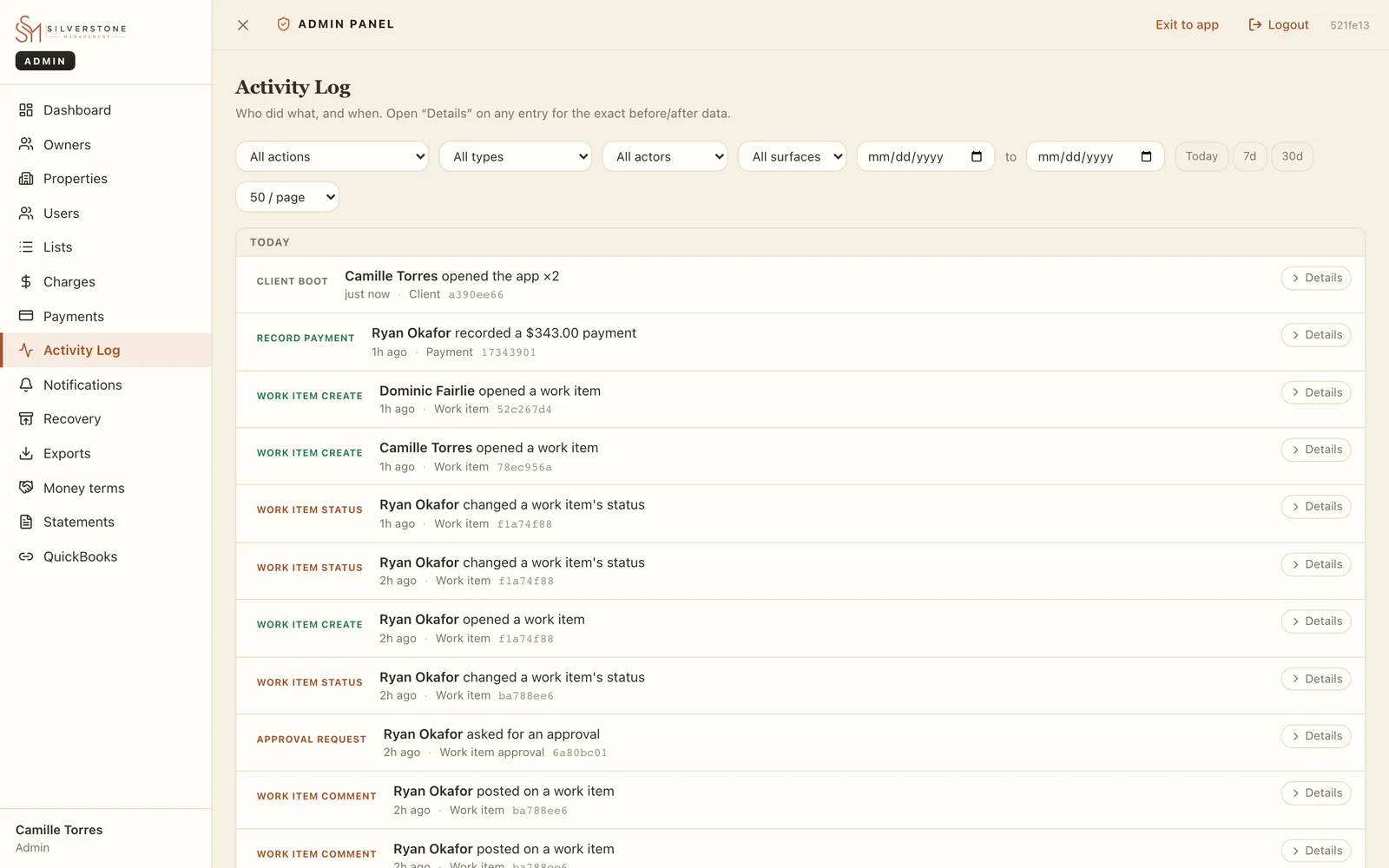 The audit trail: who did what and when, with the exact before and after one click away. Real app, demo data.