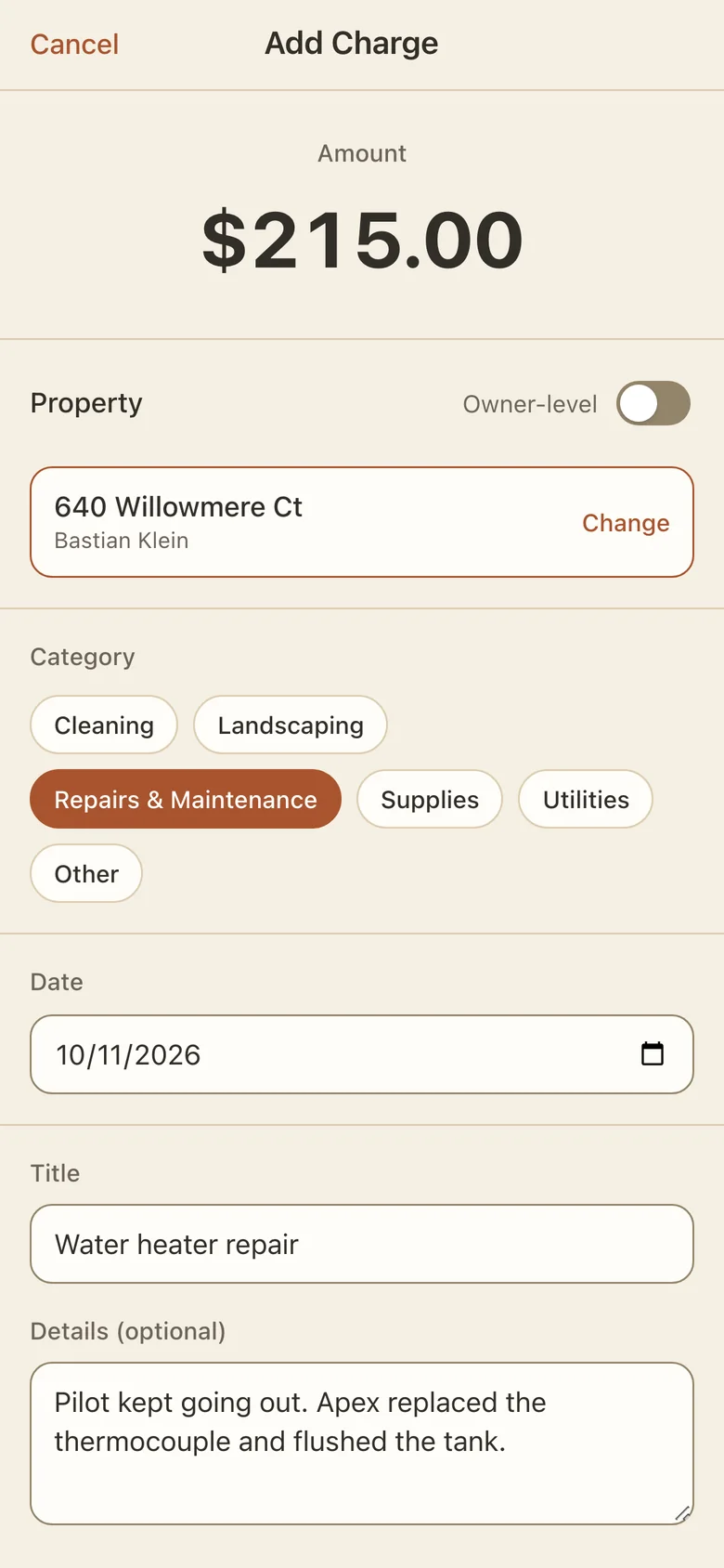 Logging a charge from the field: amount, house, category and a receipt photo, built for about 10 seconds a charge. Real app, demo data.
