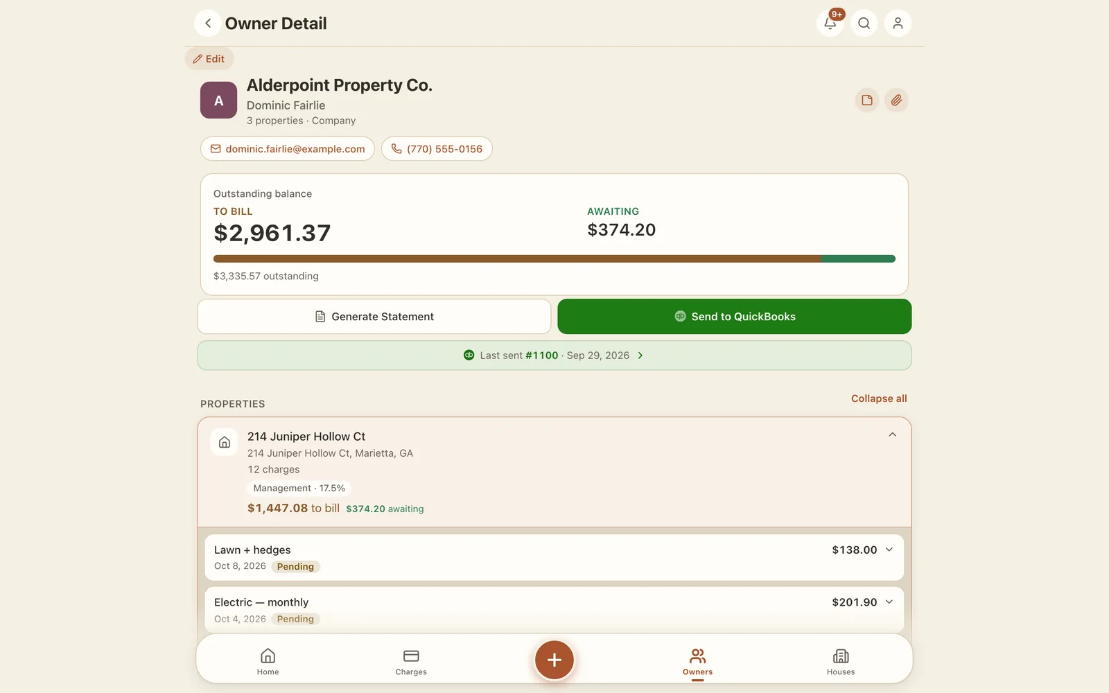 One owner's page: what's still to bill, what's awaiting payment, a statement in one tap and one button that sends it all to QuickBooks as an invoice. Real app, demo data.