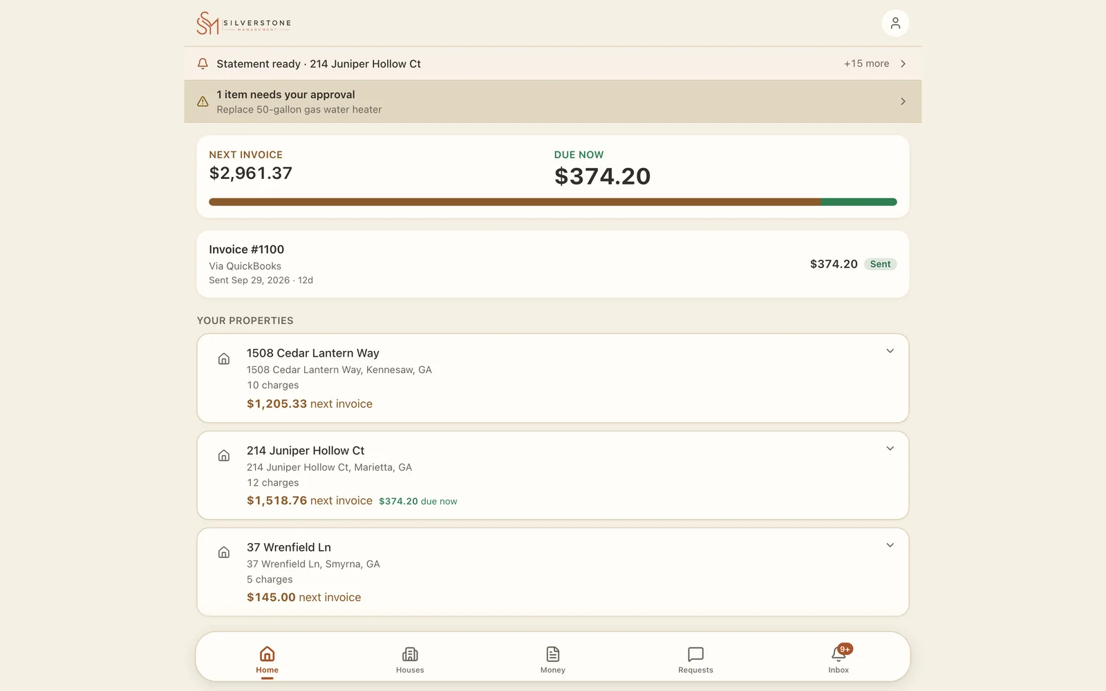 The owner portal: same login, a different app. Owners see what they're billed and what needs their approval, never SSM's costs. Real app, demo data.