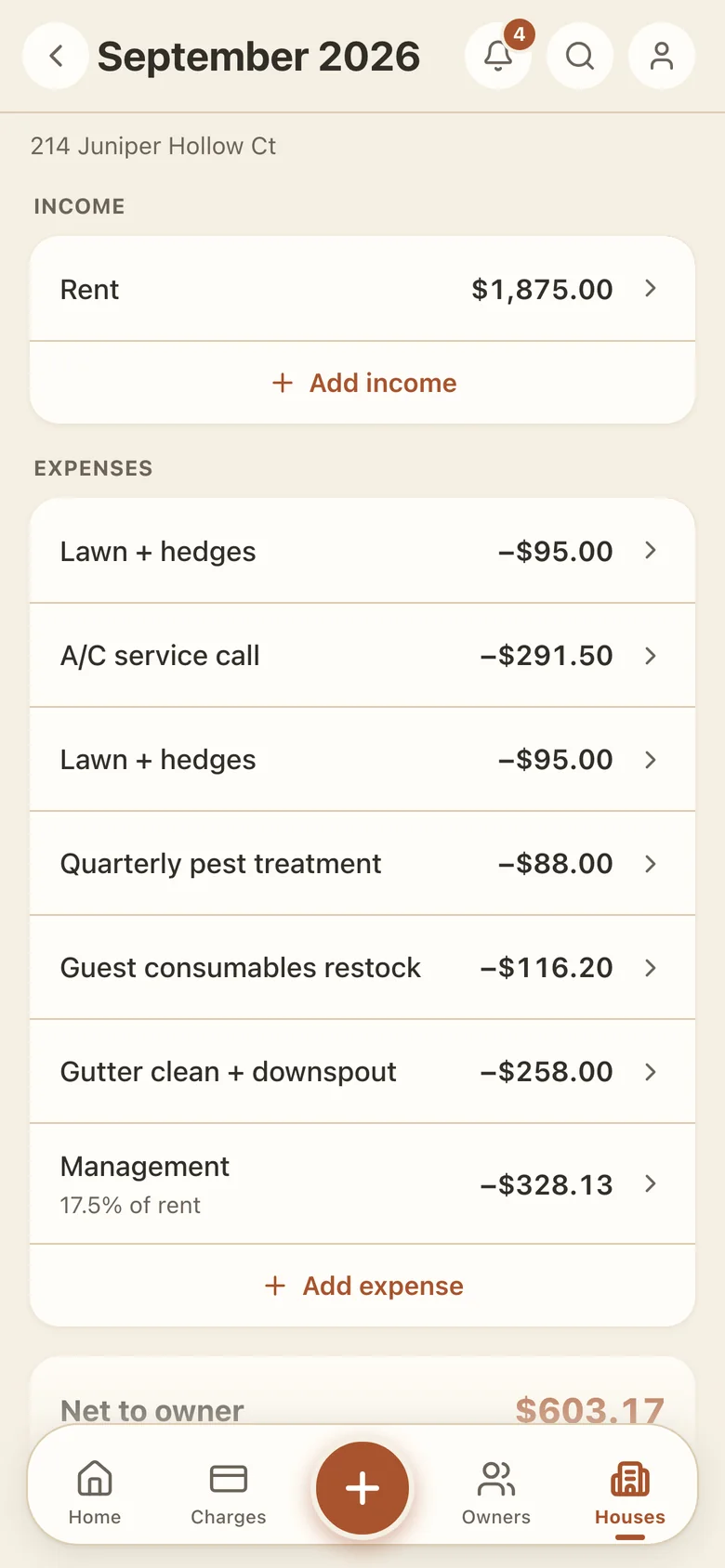 A house's monthly owner statement, built from the ledger instead of a spreadsheet: rent in, every expense out, the management fee and what's left for the owner. Real app, demo data.