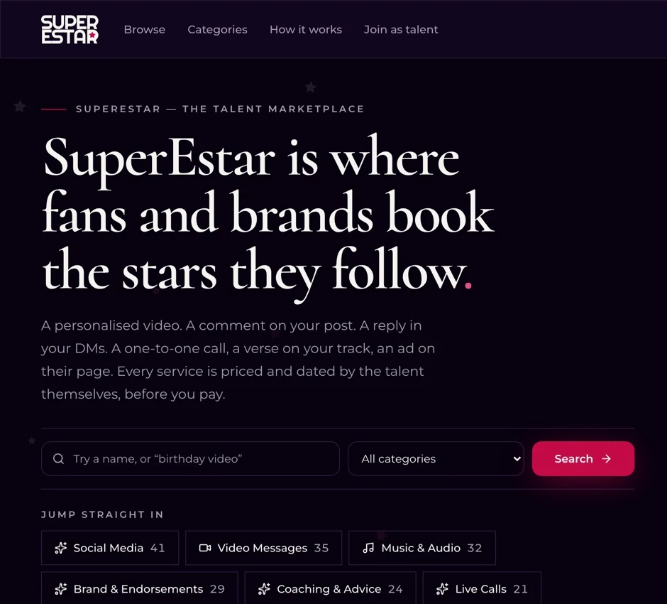 SuperEstar, my celebrity-booking marketplace screenshot